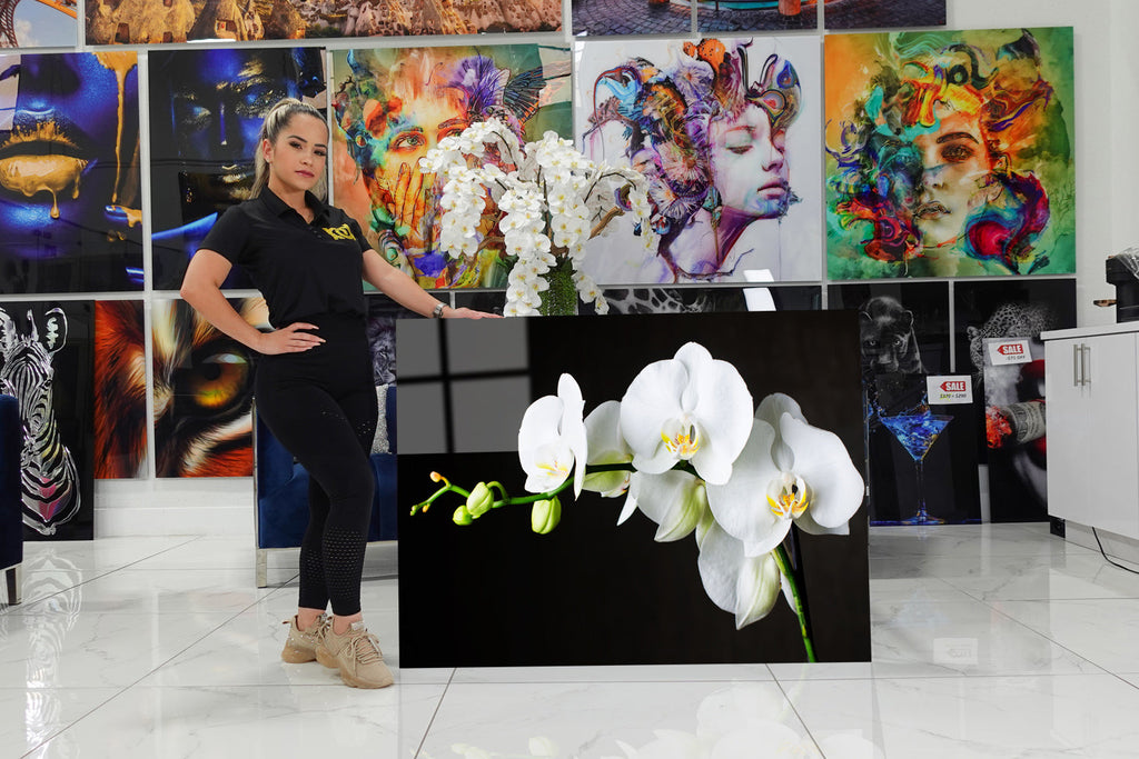 Decorative acrylic design with an elegant white orchid.