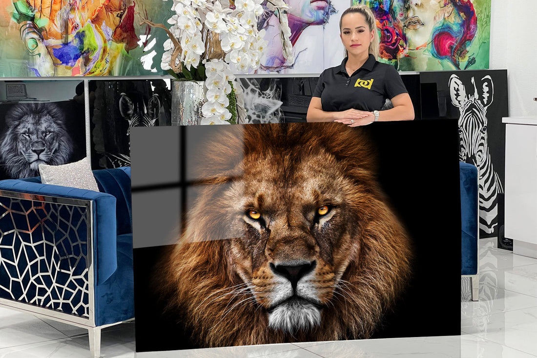 Imposing acrylic design of a lion on a black background.