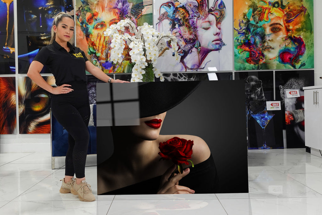 Acrylic design depicting a woman holding a rose.