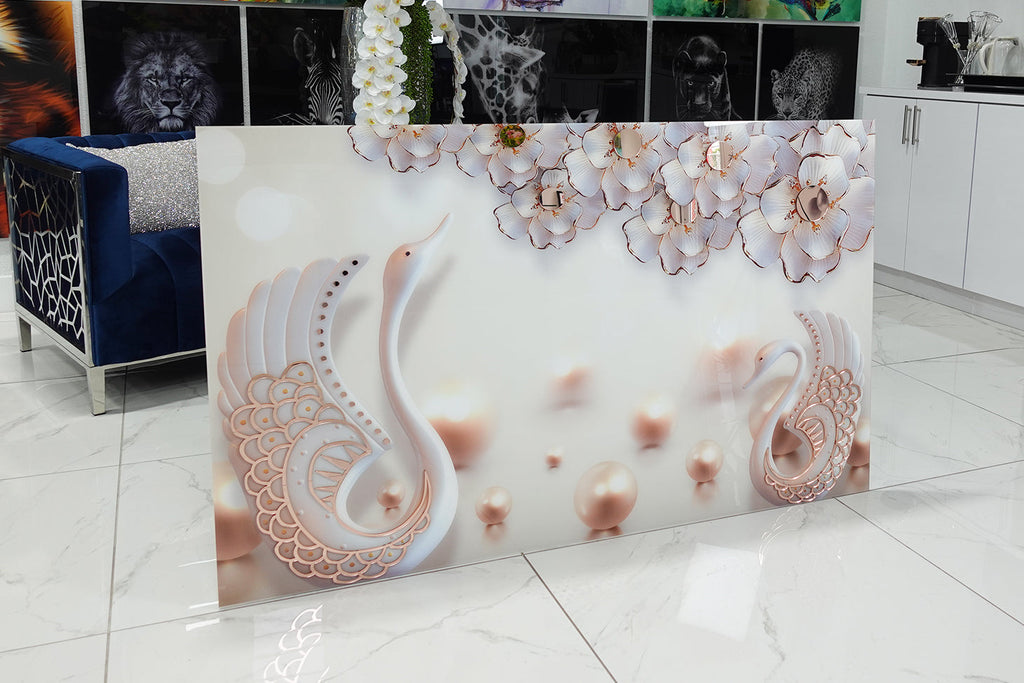 Very decorative acrylic print with swans and flowers.