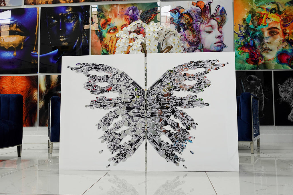 Acrylic design depicting an elegant white butterfly.